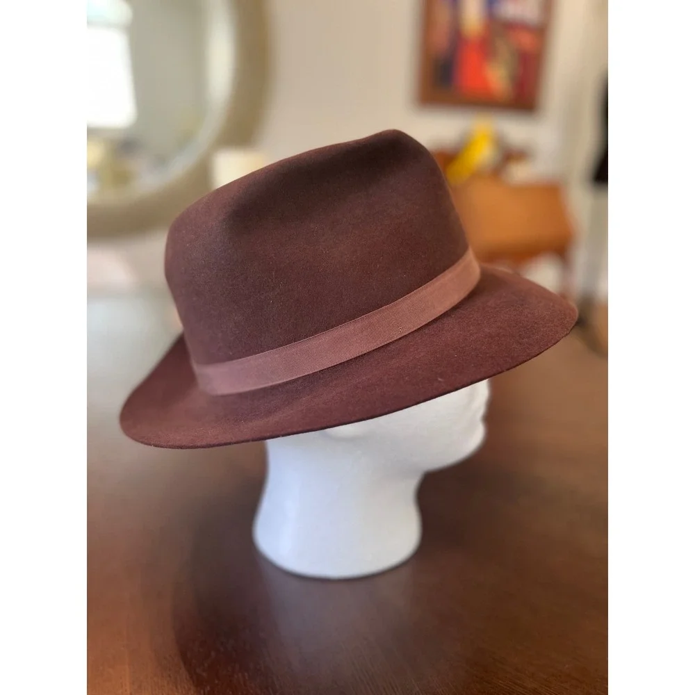 Vintage Chocolate Brown Wool Felt Fedora Hat Mens Lge Wide Brim Ribbon Band Cap